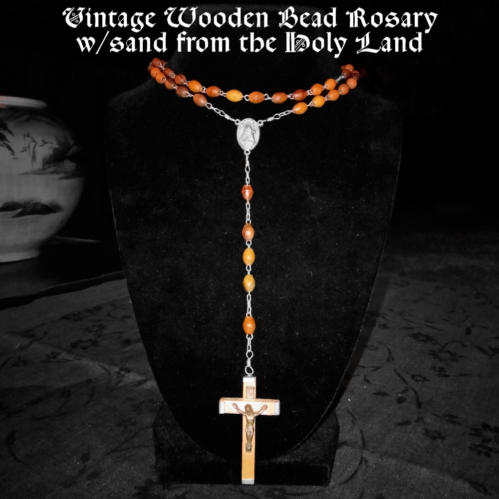 Vintage Wooden Bead Rosary with Sand from The Holy Land